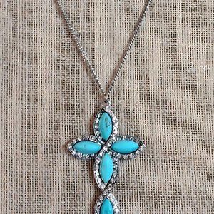 Vintage-Inspired Turquoise Cross Necklace with Rhinestones